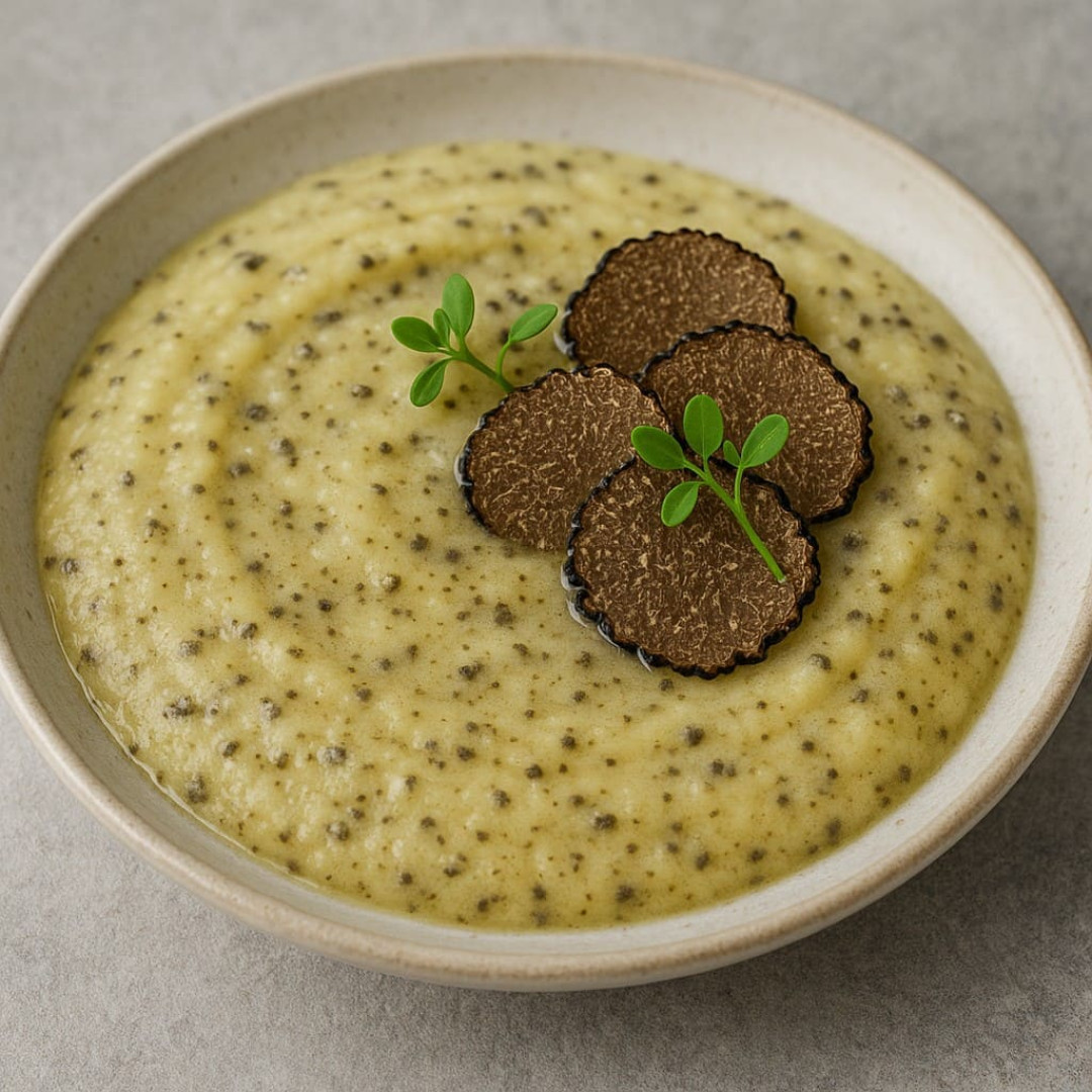 Piure de cartofi cu untură de rață și salsa de trufe, decorat cu carpaccio de trufe